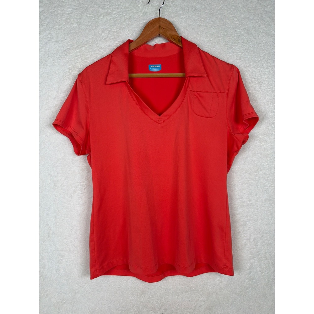 PGA Tour Polo Shirt Womens Large Red Golf V-Neck Short Sleeve Performance Top